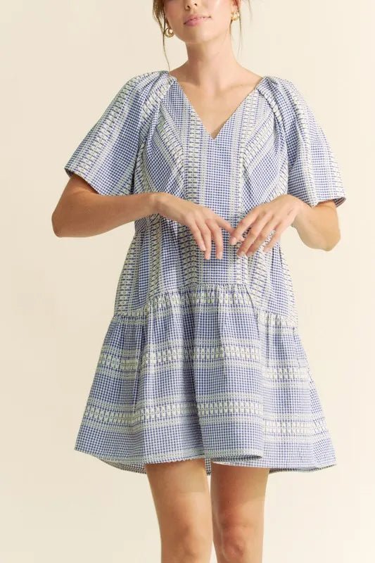 Davi & Dani - Blue Gingham Embroidered Mini Dress