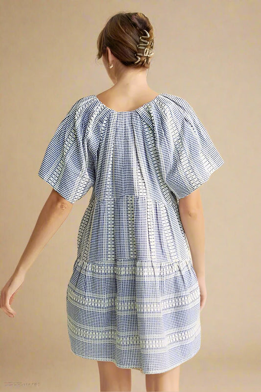 Davi & Dani - Blue Gingham Embroidered Mini Dress