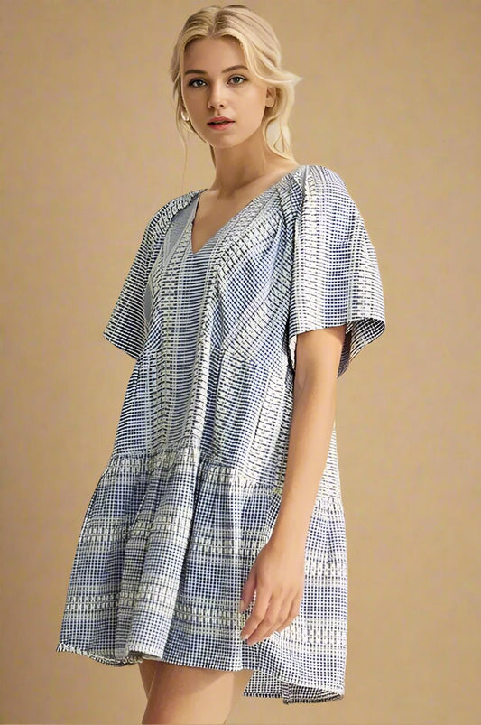 Davi & Dani - Blue Gingham Embroidered Mini Dress