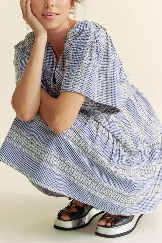 Davi & Dani - Blue Gingham Embroidered Mini Dress