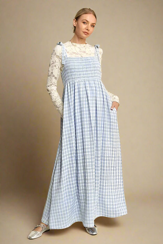 Davi & Dani - Blue Gingham Smocked Maxi Dress with Shoulder Ties