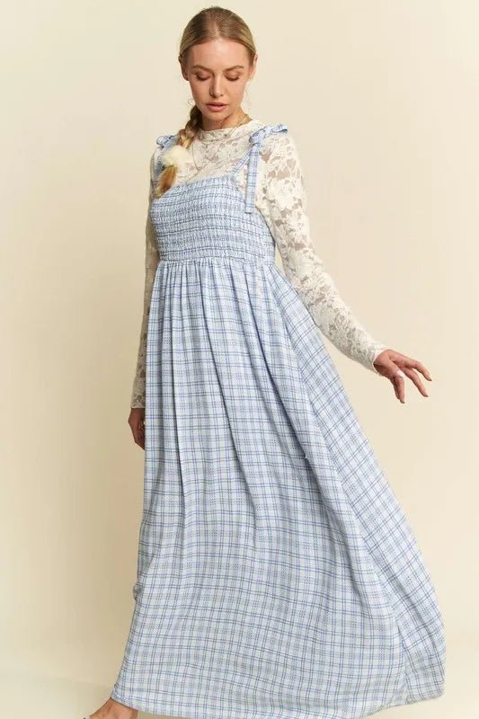 Davi & Dani - Blue Gingham Smocked Maxi Dress with Shoulder Ties