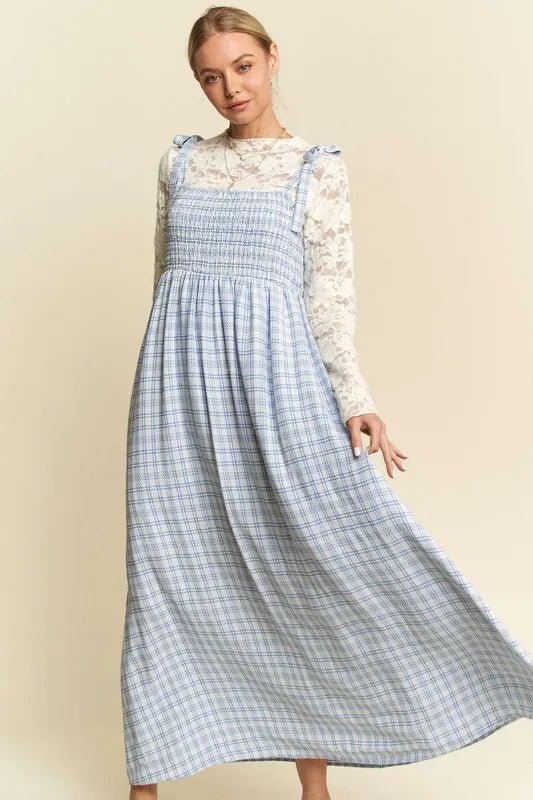 Davi & Dani - Blue Gingham Smocked Maxi Dress with Shoulder Ties