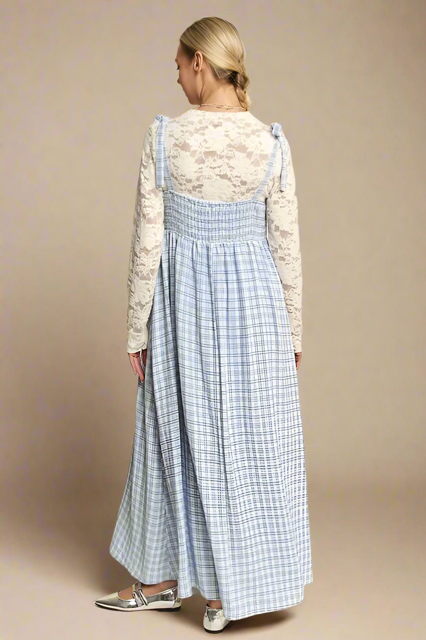 Davi & Dani - Blue Gingham Smocked Maxi Dress with Shoulder Ties