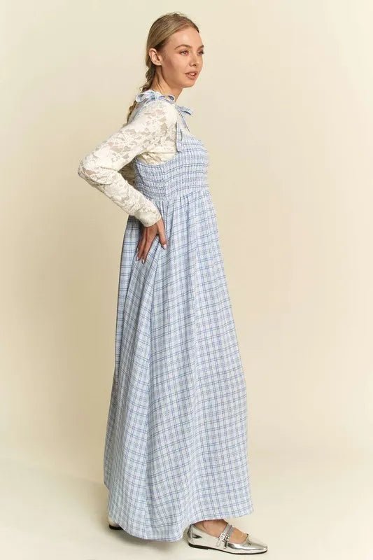 Davi & Dani - Blue Gingham Smocked Maxi Dress with Shoulder Ties