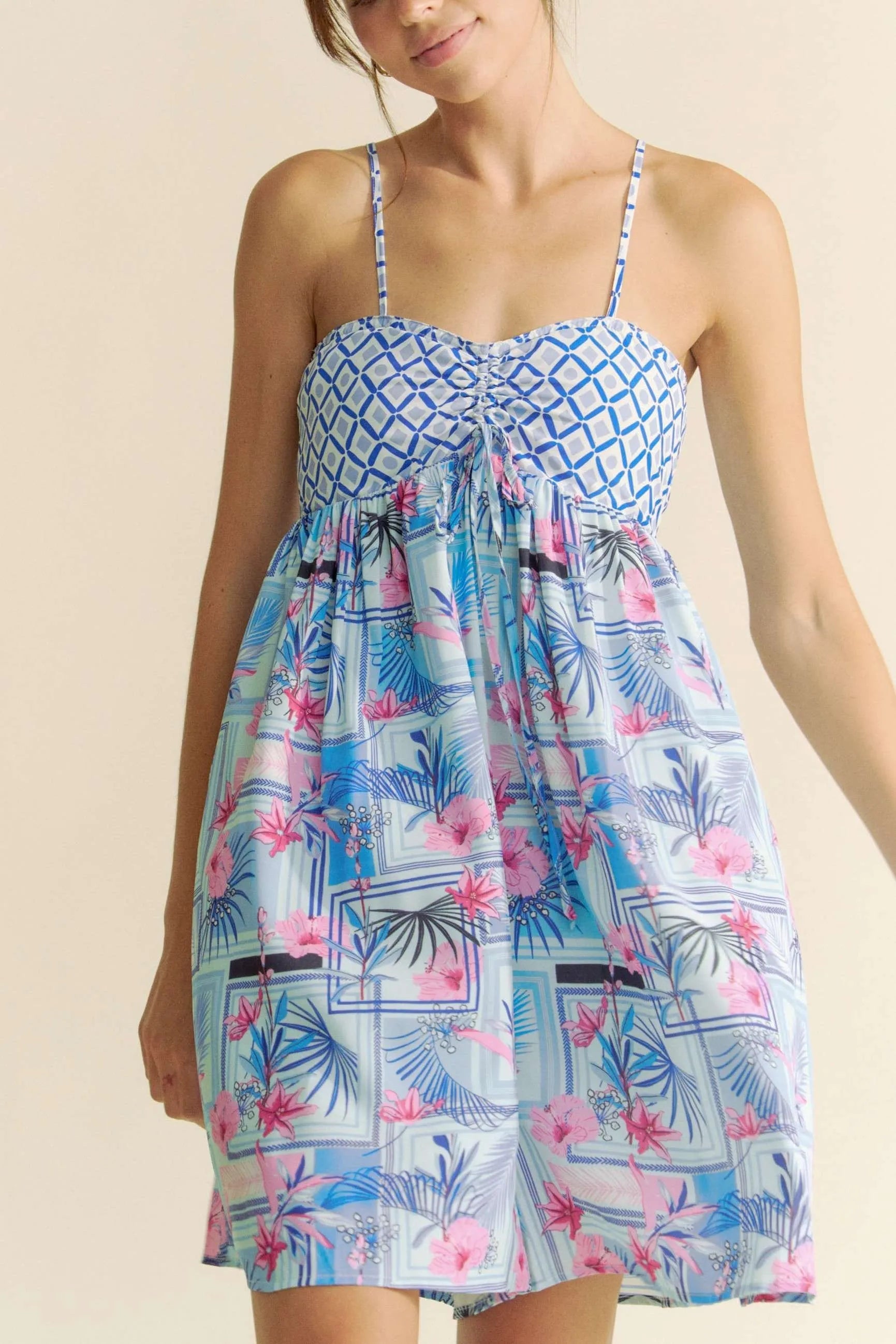 Davi & Dani - Blue & Pink Geometric Floral Romper