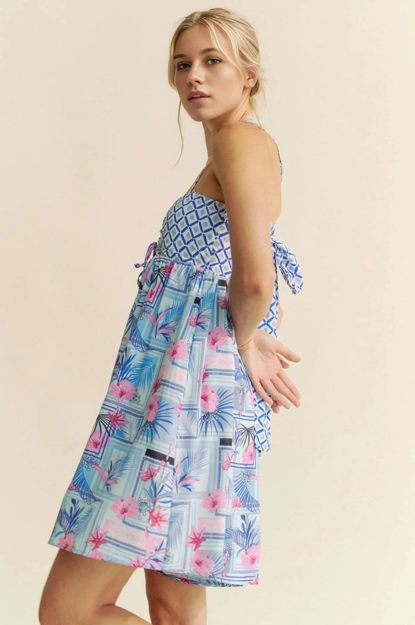 Davi & Dani - Blue & Pink Geometric Floral Romper