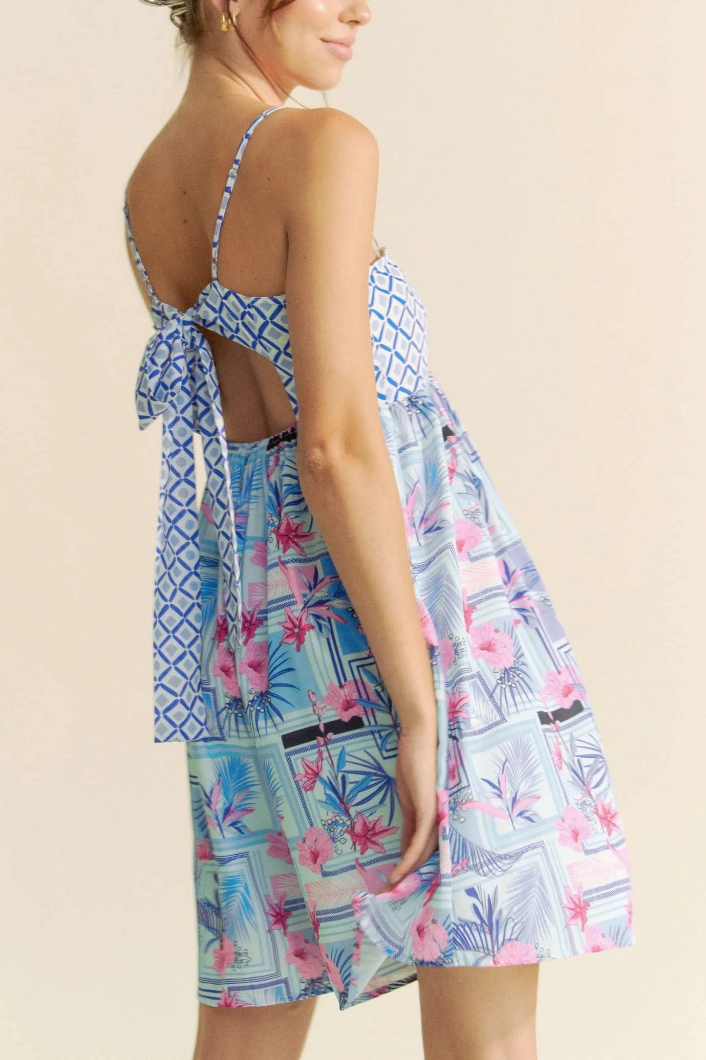 Davi & Dani - Blue & Pink Geometric Floral Romper