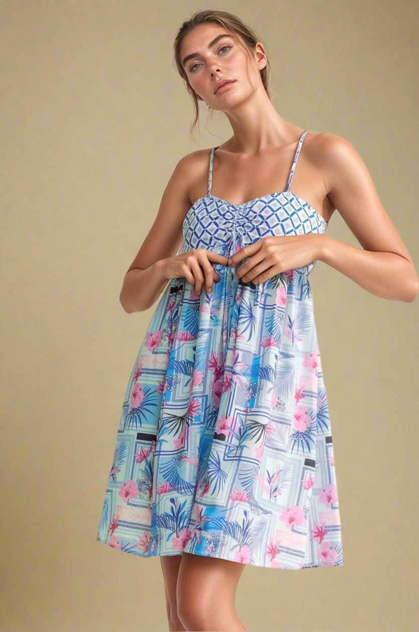 Davi & Dani - Blue & Pink Geometric Floral Romper