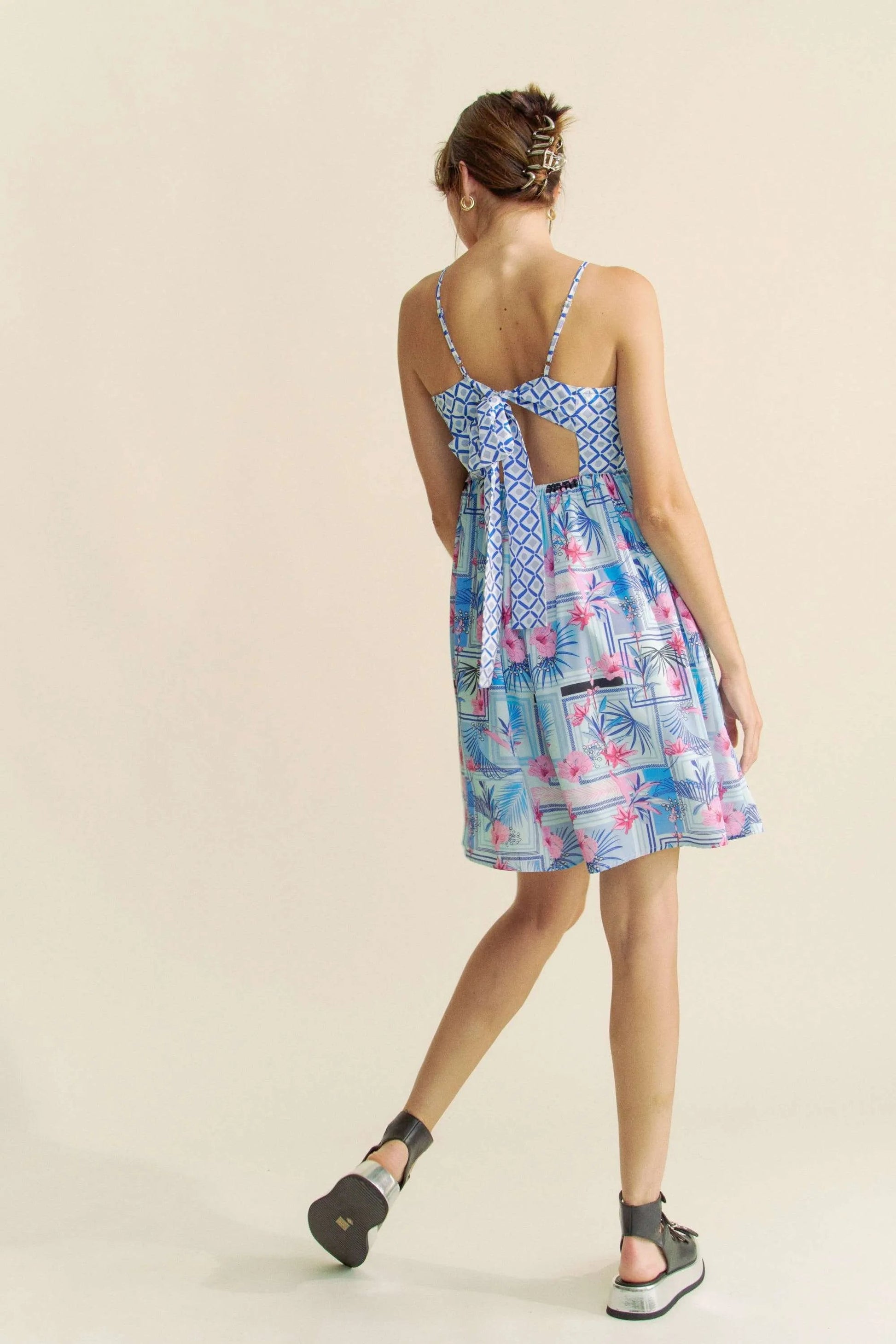 Davi & Dani - Blue & Pink Geometric Floral Romper