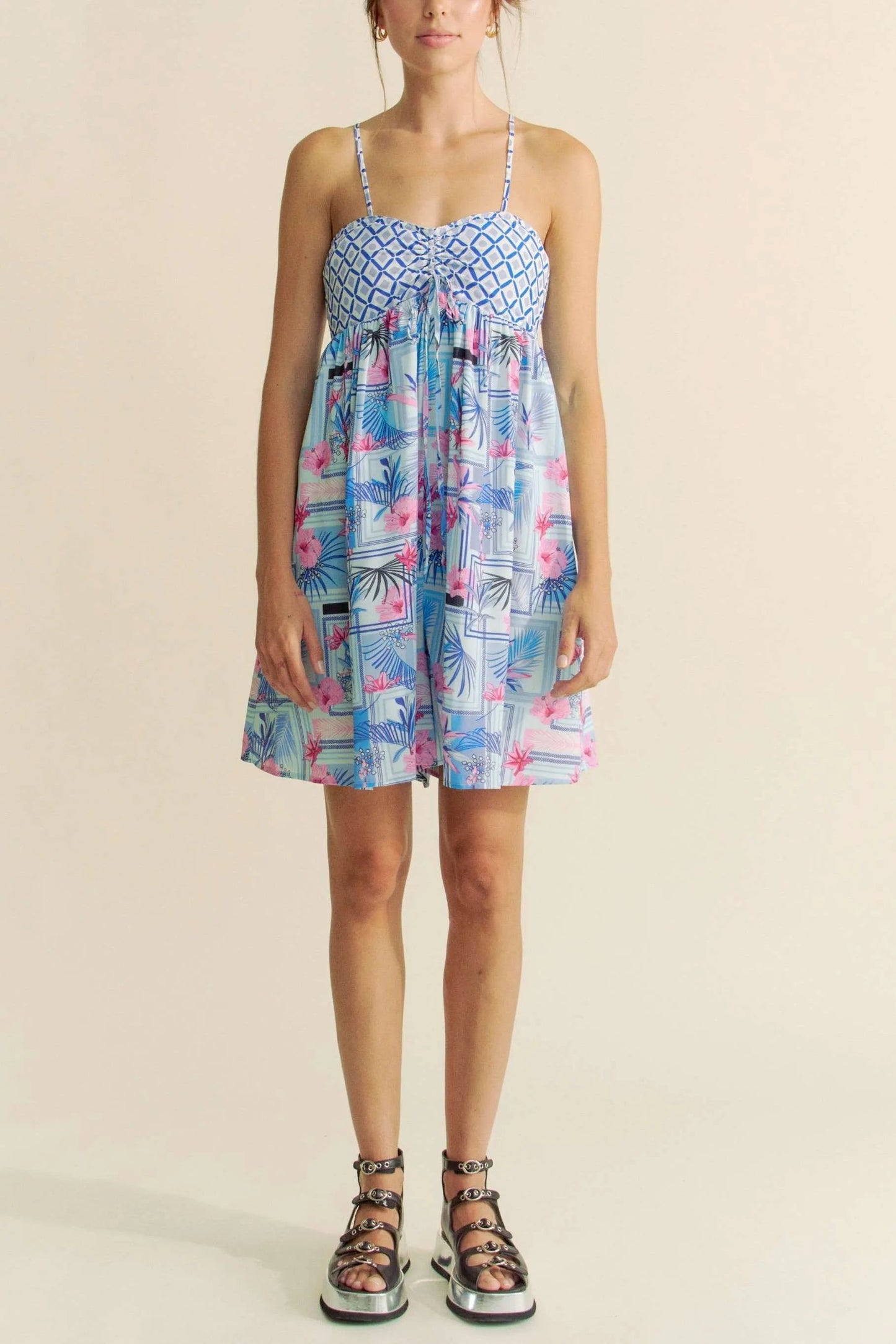 Davi & Dani - Blue & Pink Geometric Floral Romper