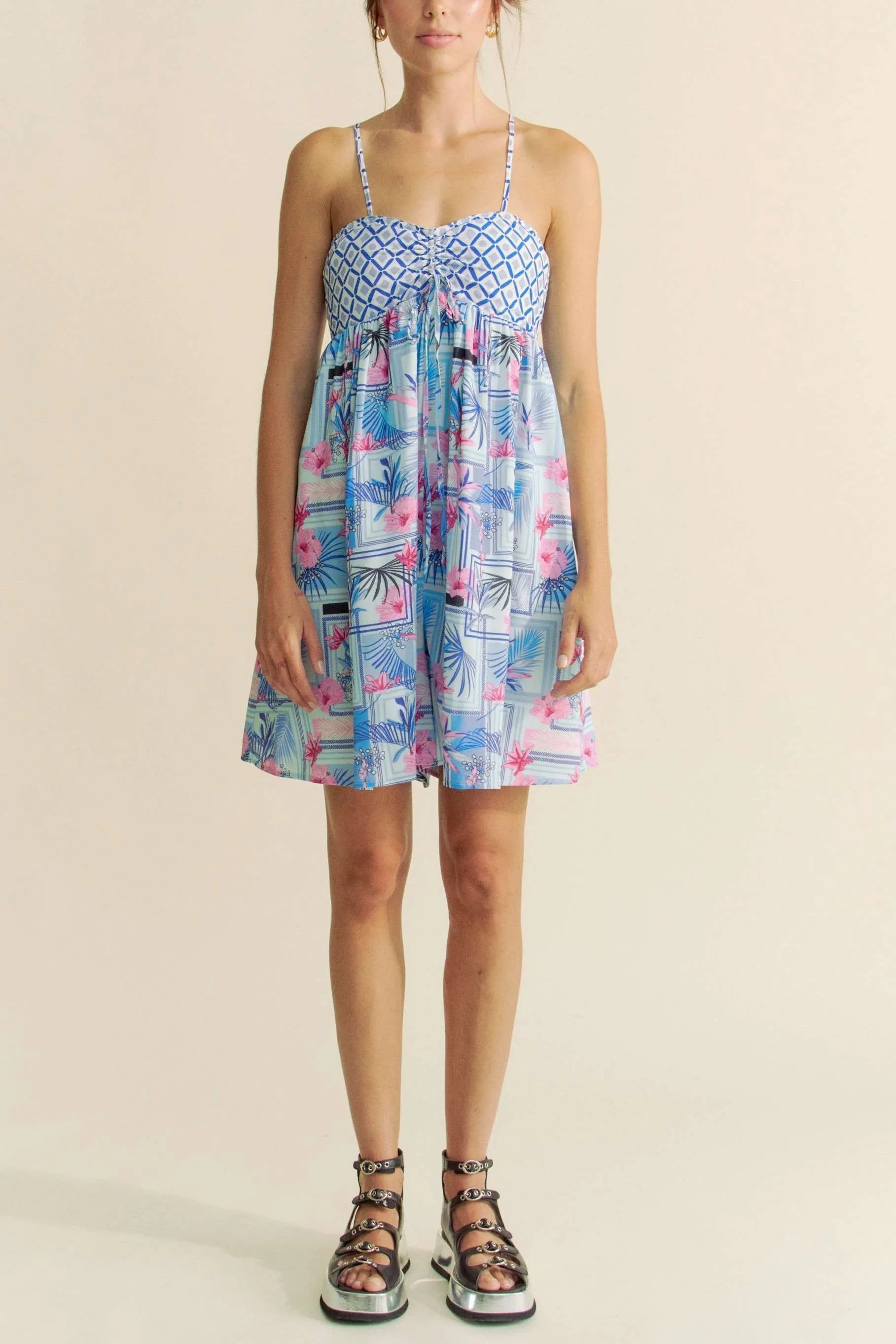 Davi & Dani - Blue & Pink Geometric Floral Romper