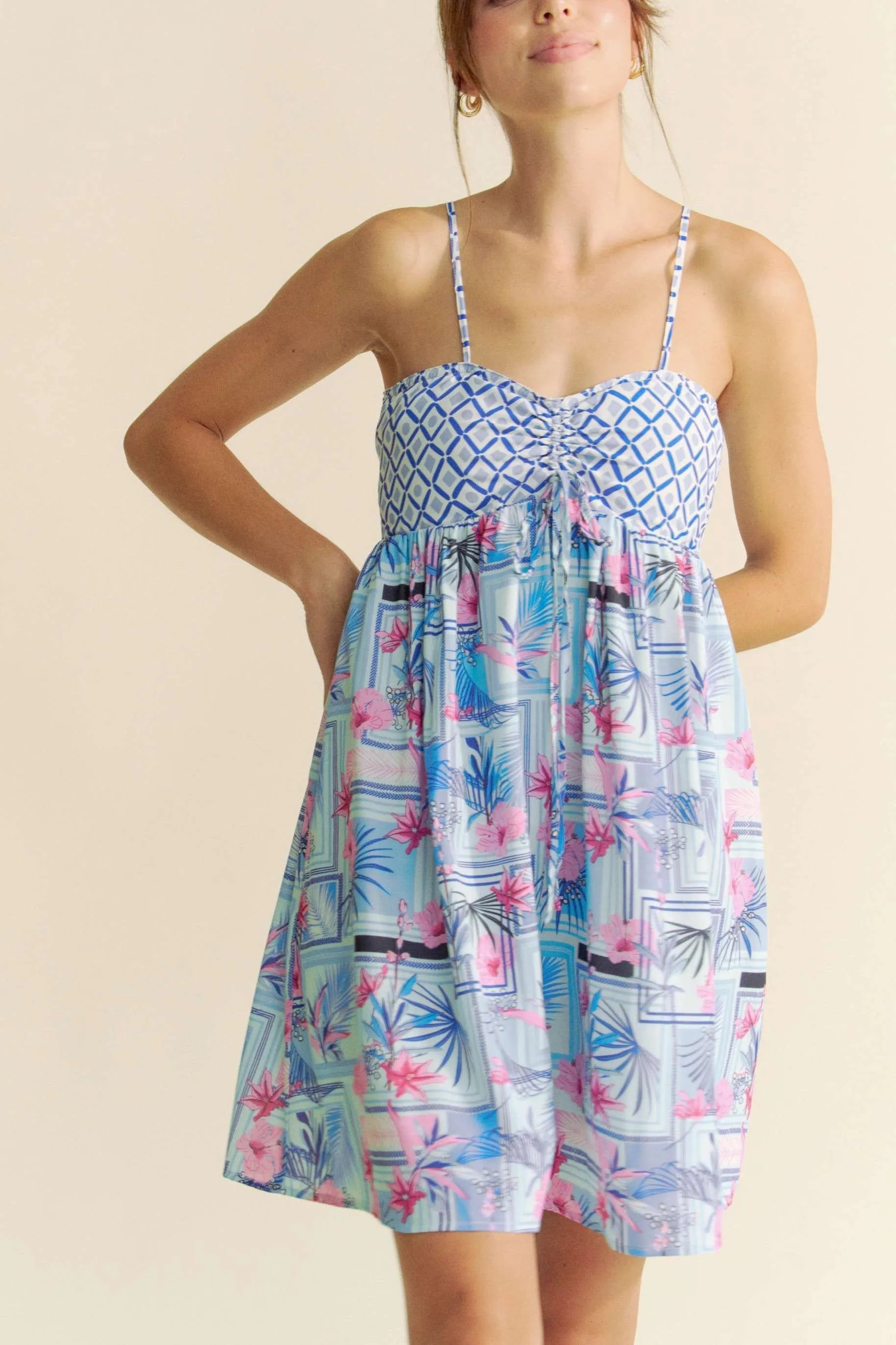 Davi & Dani - Blue & Pink Geometric Floral Romper