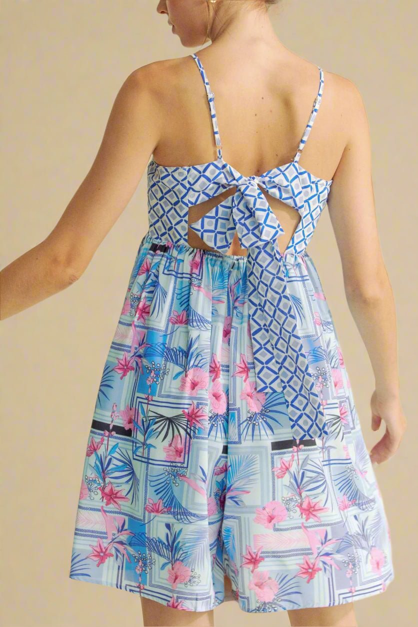Davi & Dani - Blue & Pink Geometric Floral Romper