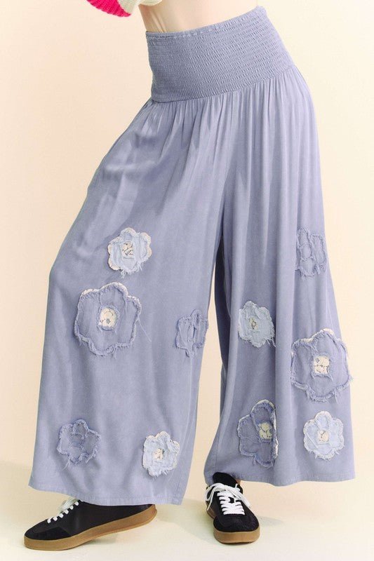 Davi & Dani - Blue Smocked Waist Flower Patch Wide Leg Pants