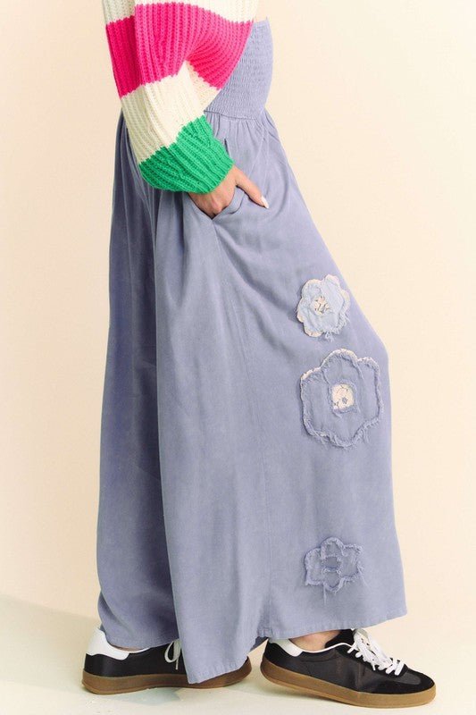 Davi & Dani - Blue Smocked Waist Flower Patch Wide Leg Pants