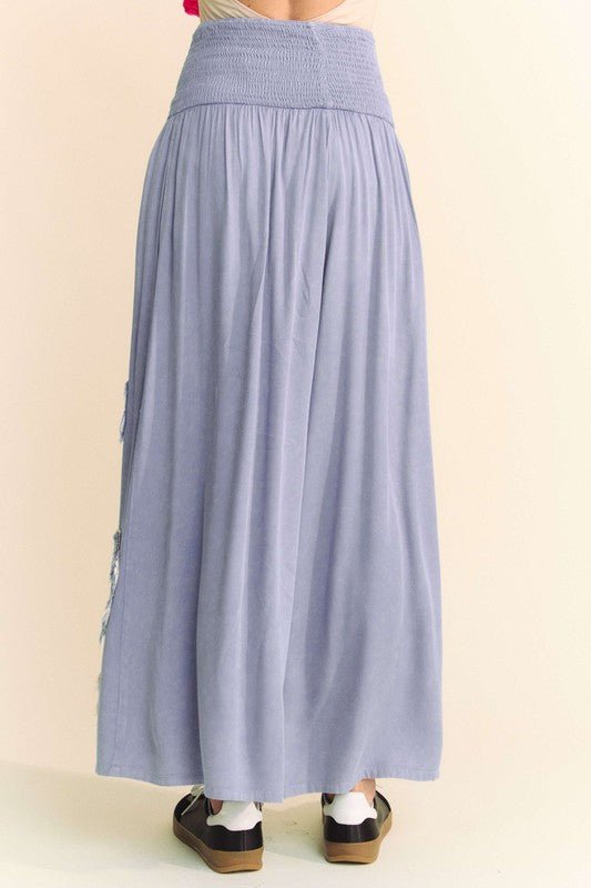 Davi & Dani - Blue Smocked Waist Flower Patch Wide Leg Pants