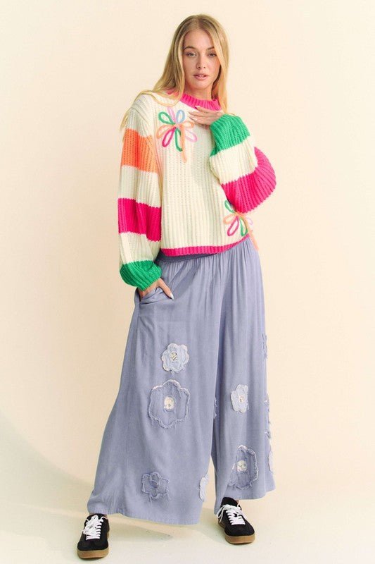 Davi & Dani - Blue Smocked Waist Flower Patch Wide Leg Pants