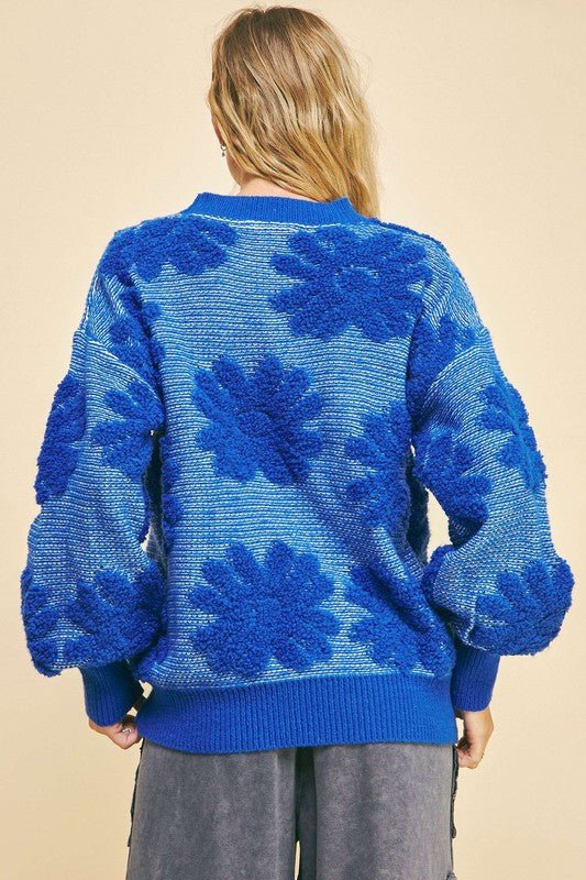 Davi & Dani - Blue Textured Flowers Sweater