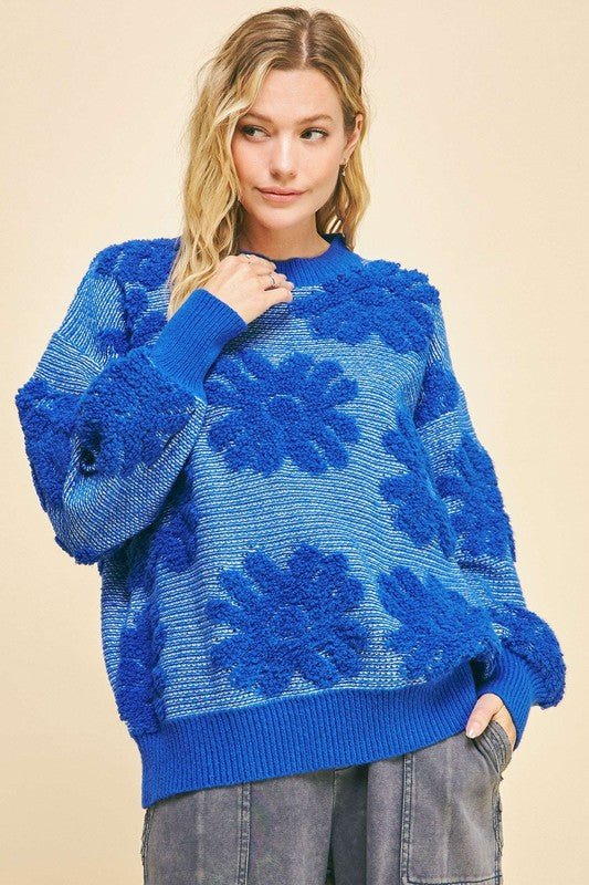 Davi & Dani - Blue Textured Flowers Sweater