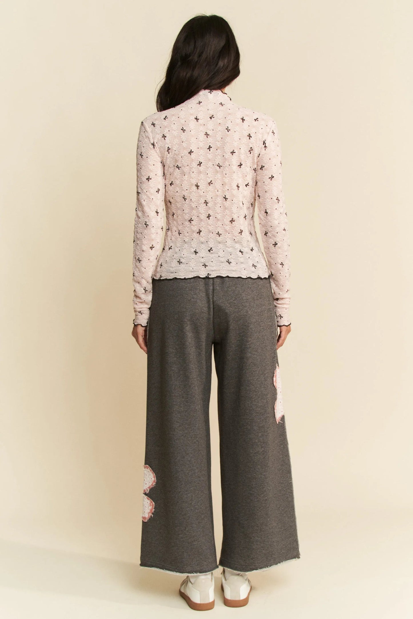 Davi & Dani - Blush & Black Embroidered Mesh Long Sleeve Top