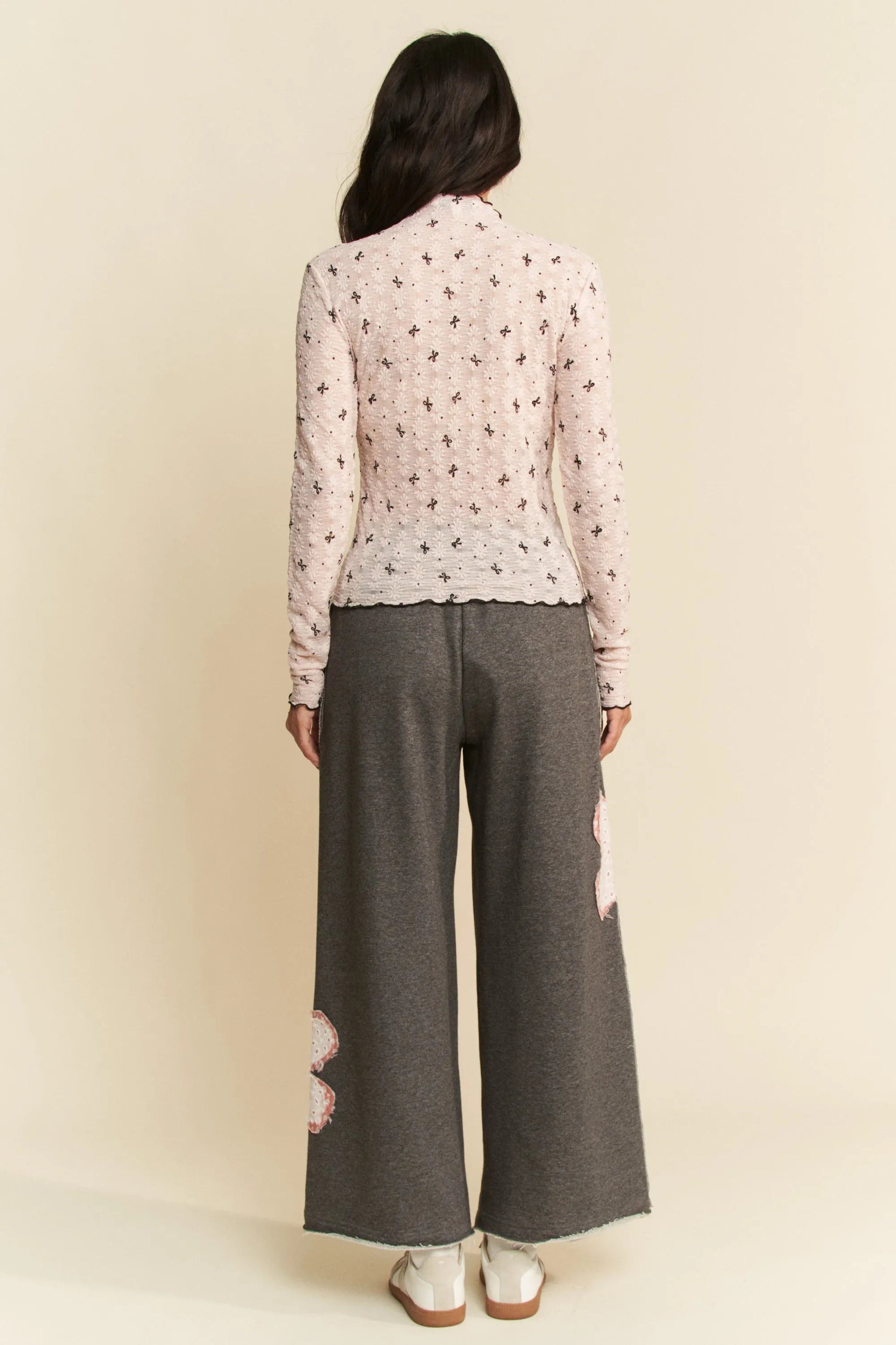 Davi & Dani - Blush & Black Embroidered Mesh Long Sleeve Top