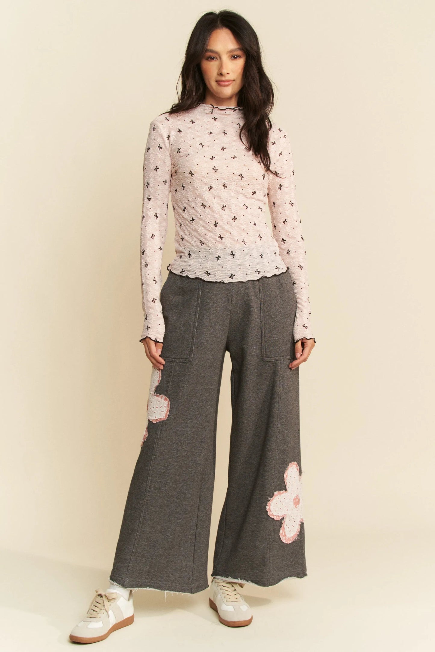 Davi & Dani - Blush & Black Embroidered Mesh Long Sleeve Top