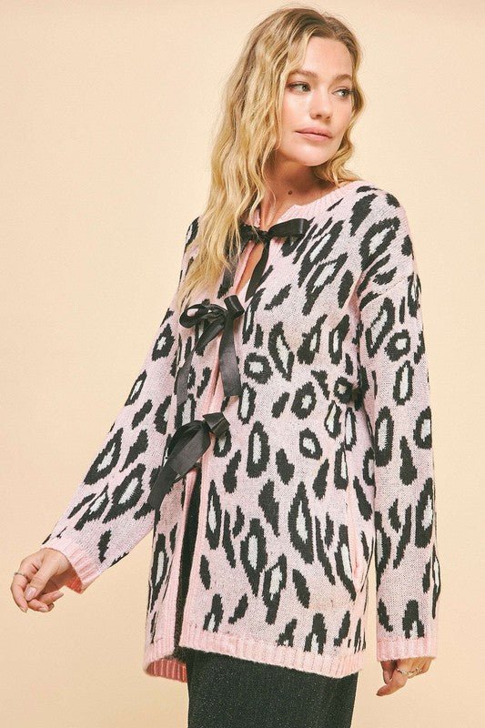 Davi & Dani - Blush Pink Leopard Print Tie Front Cardigan