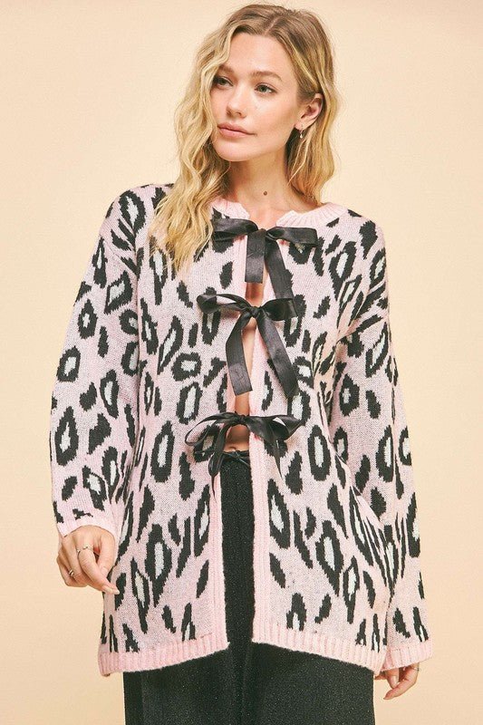 Davi & Dani - Blush Pink Leopard Print Tie Front Cardigan