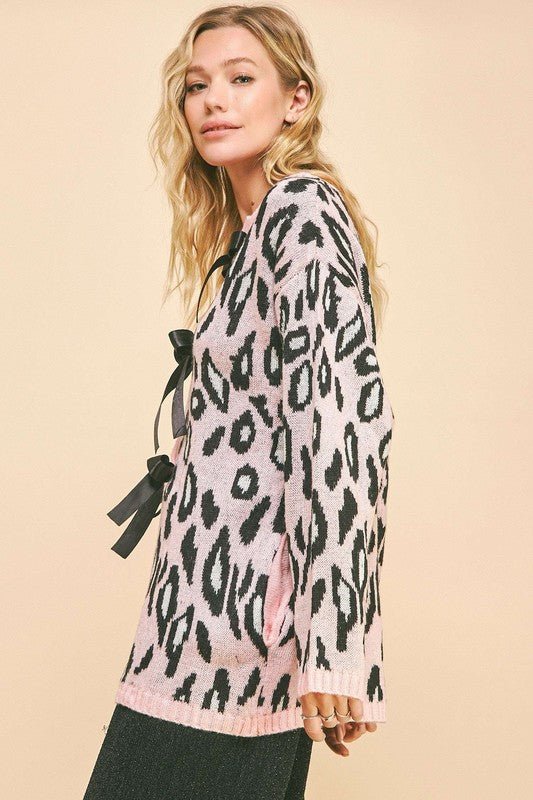 Davi & Dani - Blush Pink Leopard Print Tie Front Cardigan