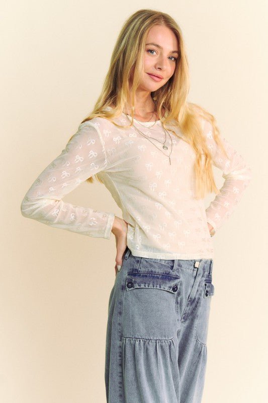 Davi & Dani - Bow Pattern Long Sleeve Top in Cream