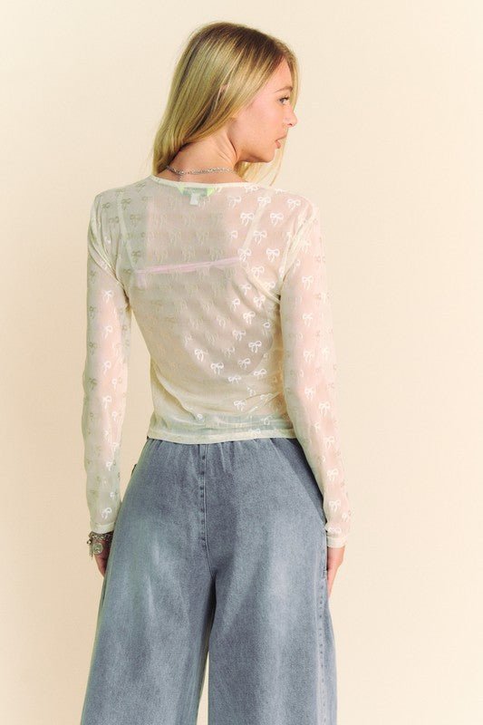 Davi & Dani - Bow Pattern Long Sleeve Top in Cream