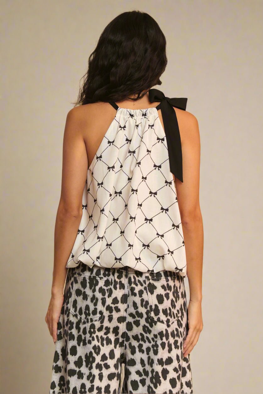 Davi & Dani - Bow Print Halter Top with Shoulder Tie – White & Black