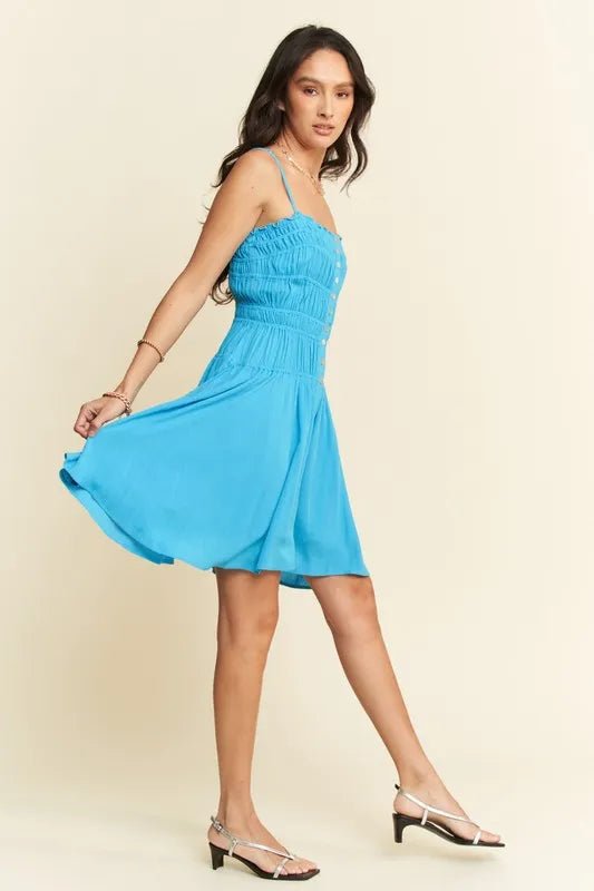 Davi & Dani - Bright Blue Smocked Button - Front Mini Dress