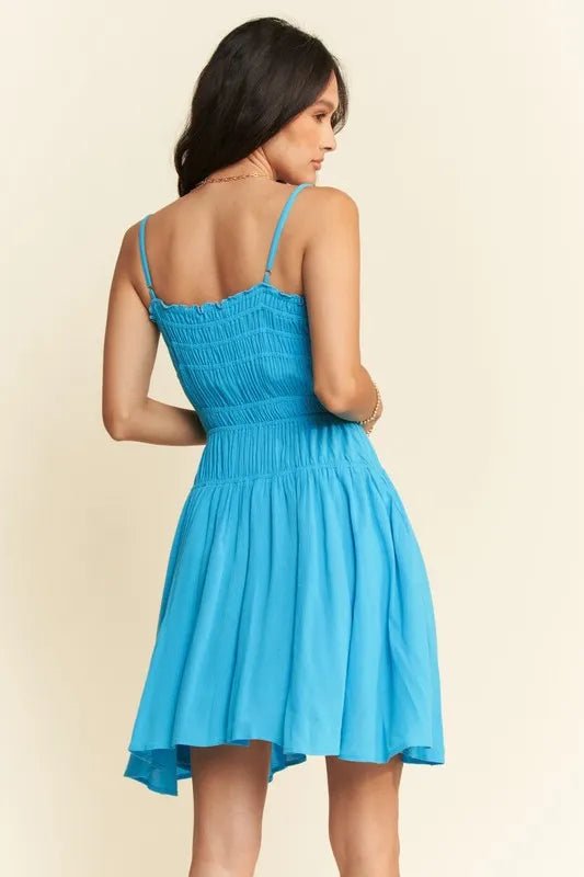 Davi & Dani - Bright Blue Smocked Button - Front Mini Dress