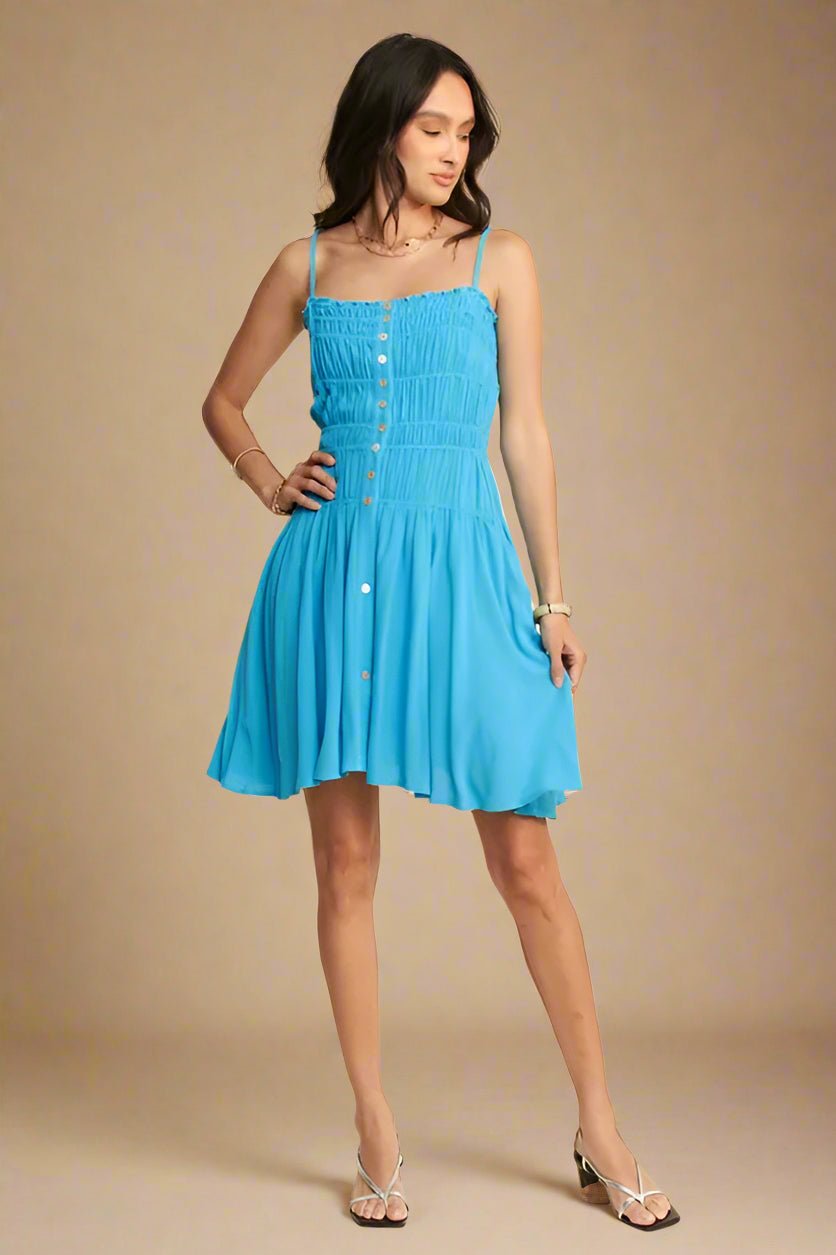 Davi & Dani - Bright Blue Smocked Button - Front Mini Dress