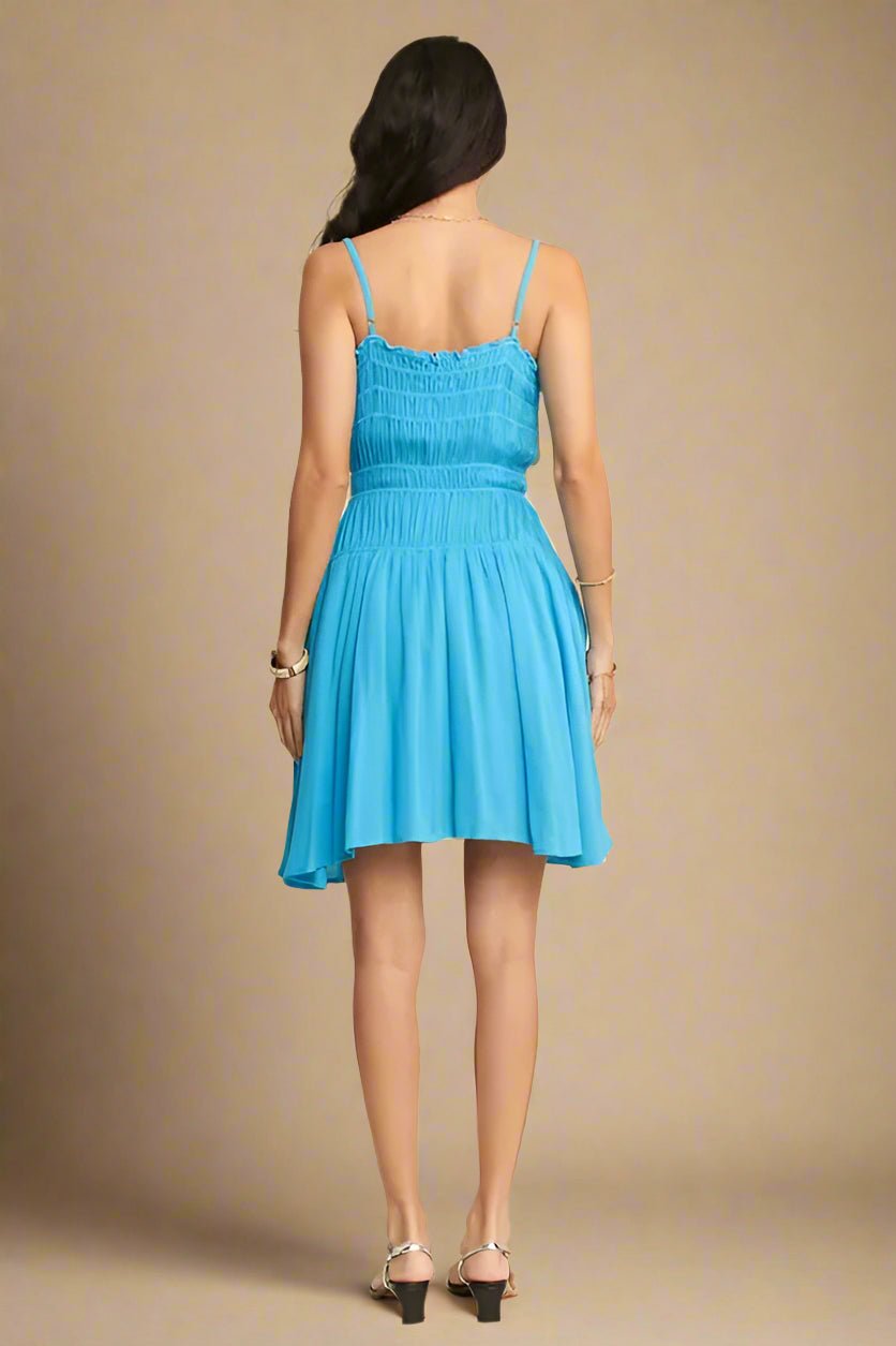 Davi & Dani - Bright Blue Smocked Button - Front Mini Dress