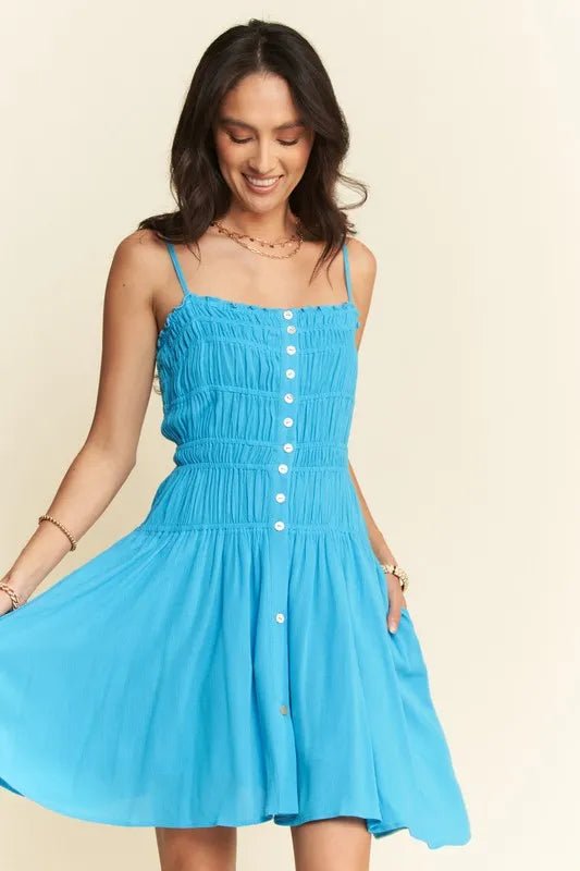 Davi & Dani - Bright Blue Smocked Button - Front Mini Dress
