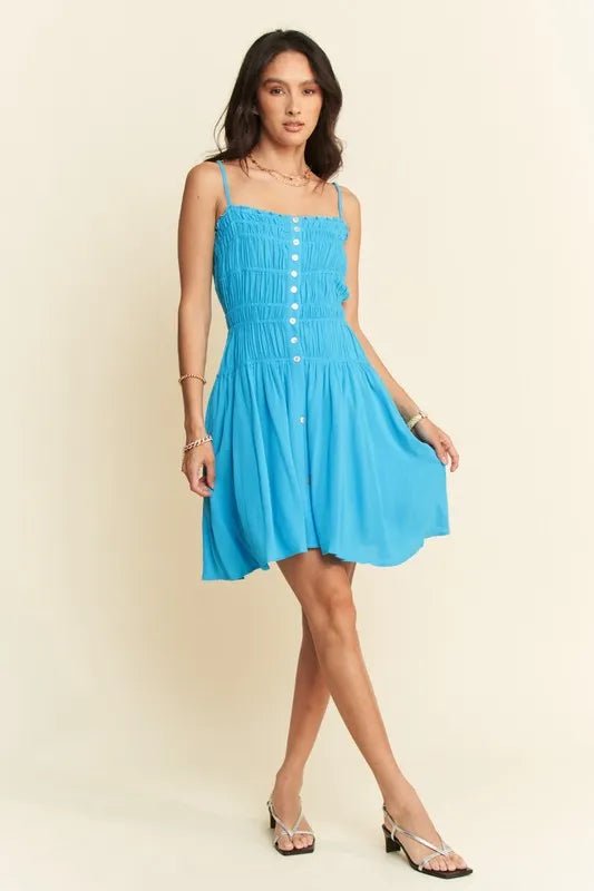 Davi & Dani - Bright Blue Smocked Button - Front Mini Dress