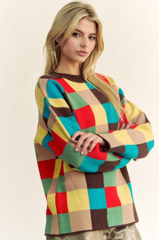 Davi & Dani - Brown Multi Checkered Sweater