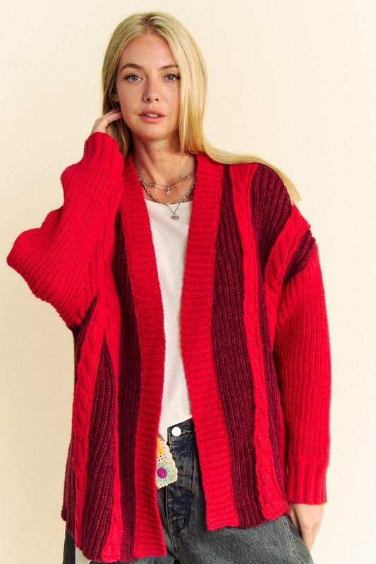 Davi & Dani - Cable Knit Open Front Cardigan in Burgundy