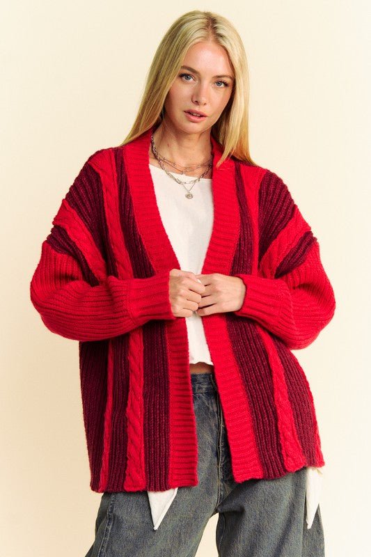 Davi & Dani - Cable Knit Open Front Cardigan in Burgundy