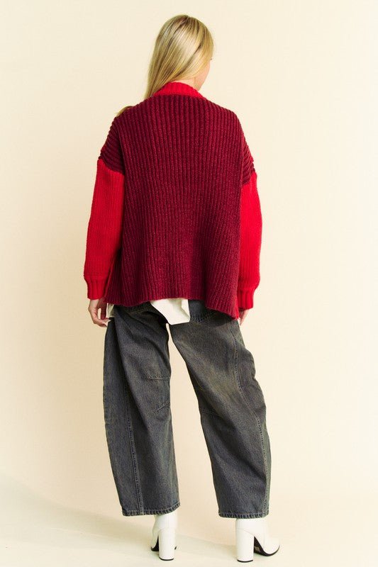 Davi & Dani - Cable Knit Open Front Cardigan in Burgundy