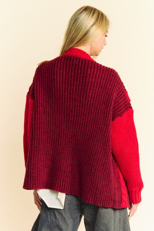 Davi & Dani - Cable Knit Open Front Cardigan in Burgundy