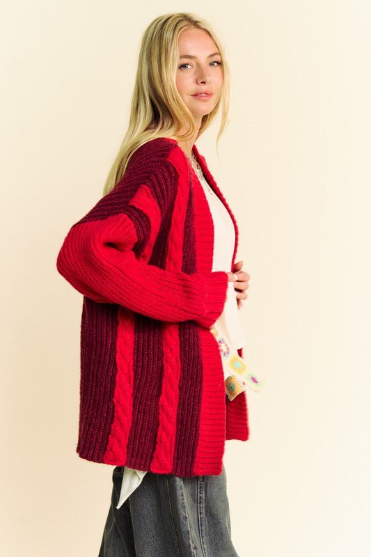 Davi & Dani - Cable Knit Open Front Cardigan in Burgundy