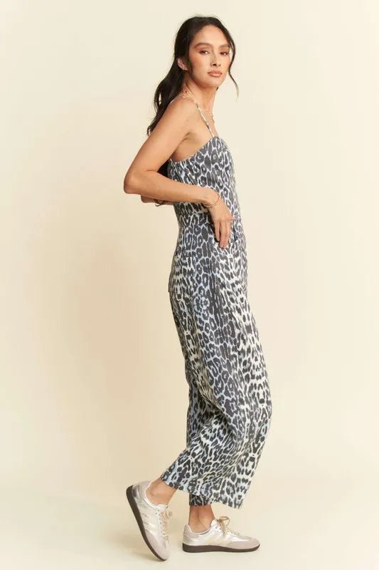 Davi & Dani - Charcoal Blue Leopard Print Wide Leg Jumpsuit