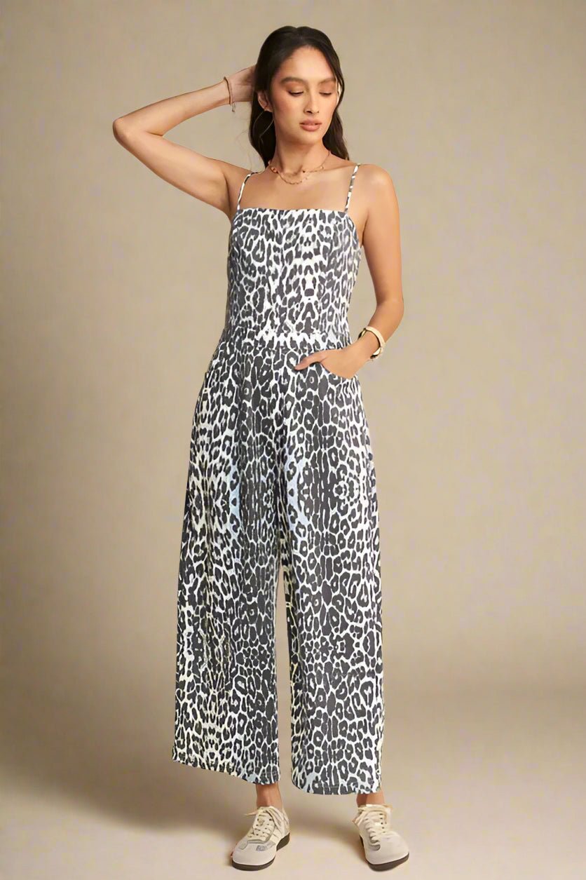 Davi & Dani - Charcoal Blue Leopard Print Wide Leg Jumpsuit