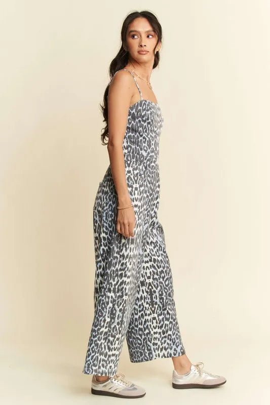 Davi & Dani - Charcoal Blue Leopard Print Wide Leg Jumpsuit