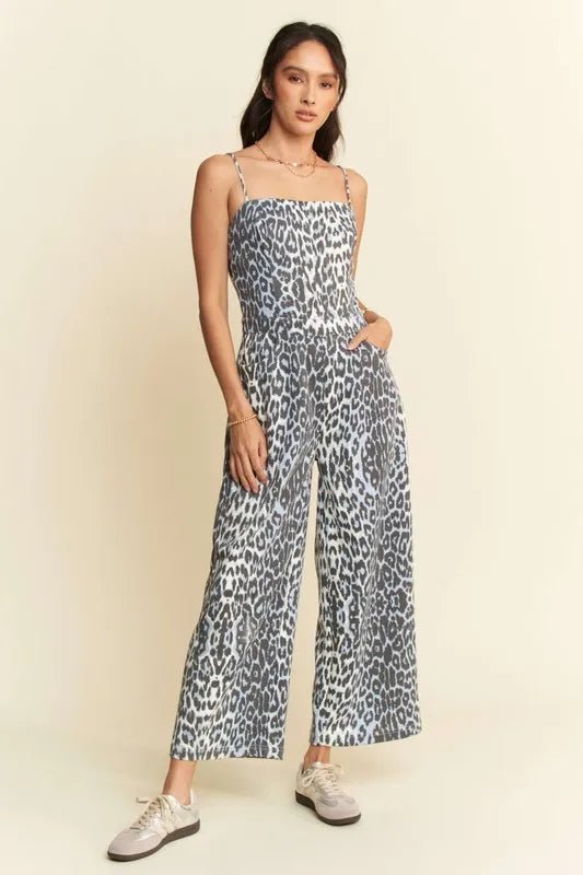 Davi & Dani - Charcoal Blue Leopard Print Wide Leg Jumpsuit