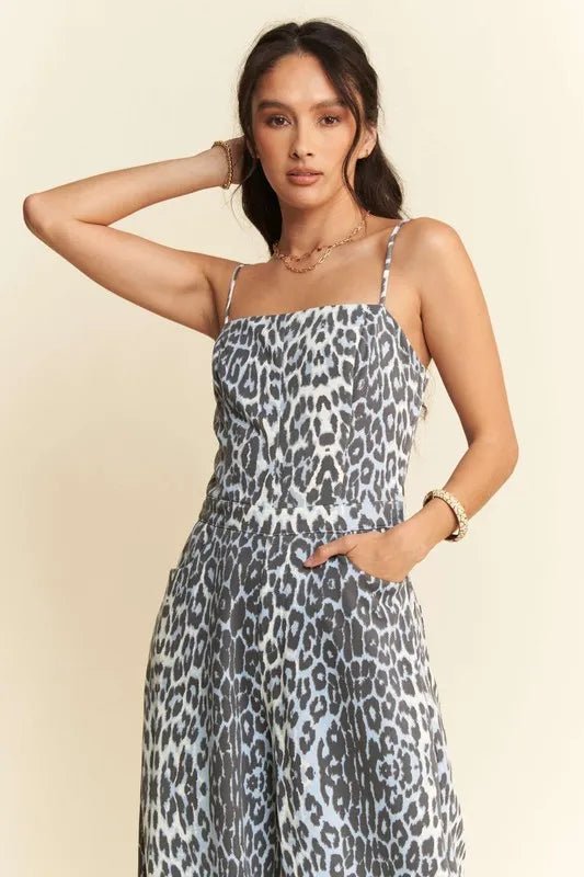 Davi & Dani - Charcoal Blue Leopard Print Wide Leg Jumpsuit